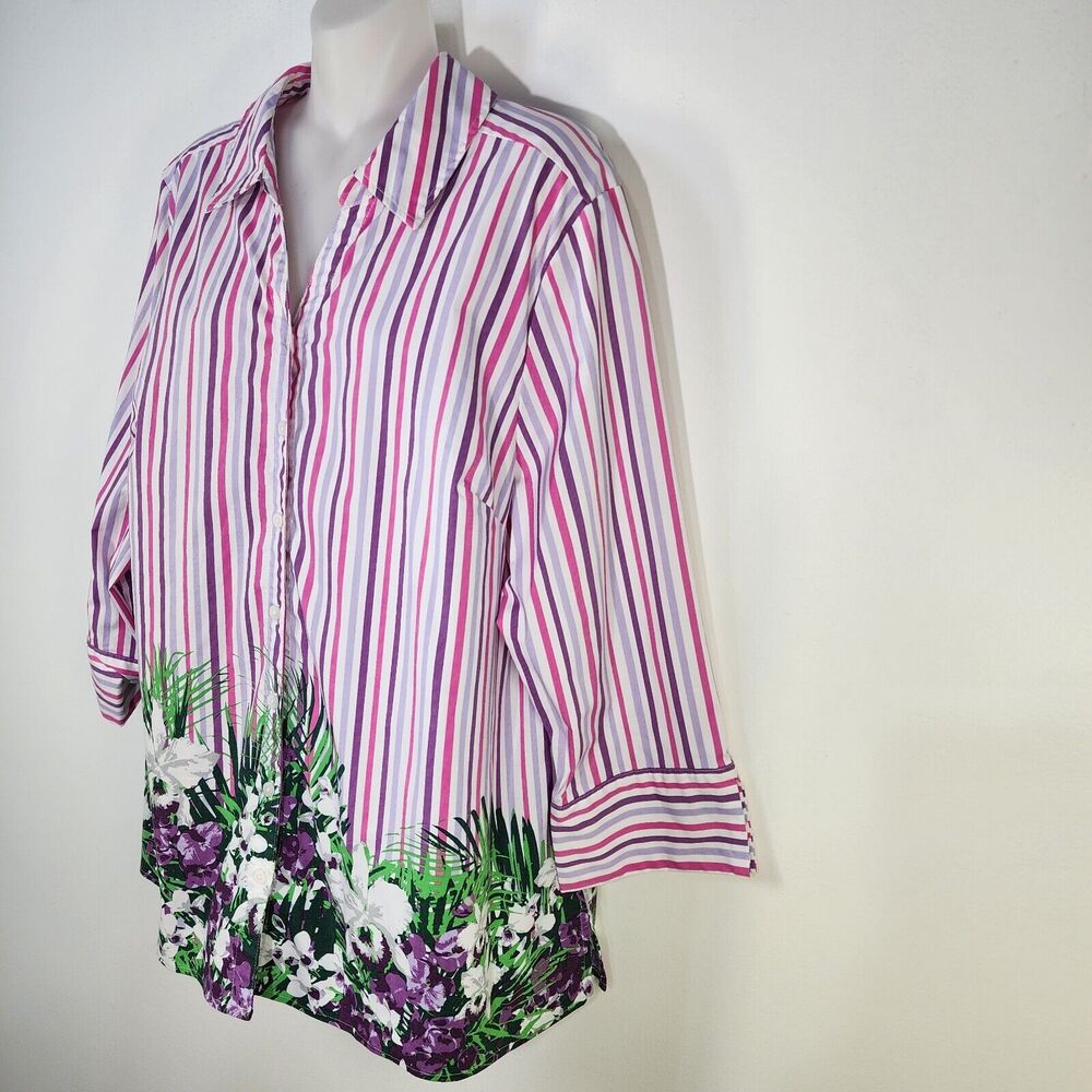 Denim & Co. Tunic Shirt XL Printed Button Front Flip Cuff Striped Purple A378276 - Picture 5 of 10
